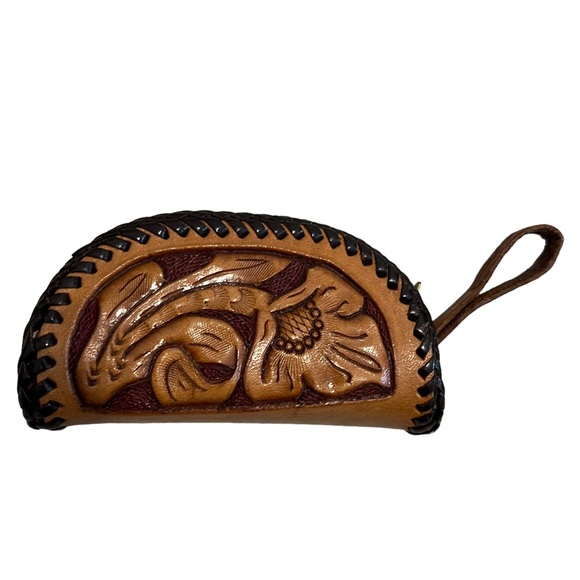 Hand Crafted Handbags - Vintage Hand Tooled Leather Coin Purse Change Purse Lipstick Case